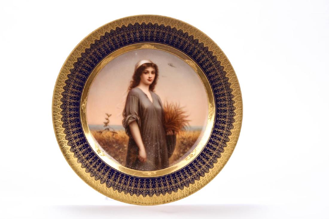 "RUTH" ROYAL VIENNA HAND PAINTED CABINET PLATE: Gold filigree and cobalt rim. 9 1/4 inches. signed Beuthe