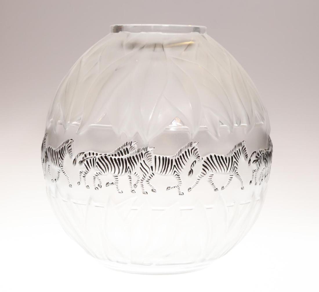 LALIQUE "TANZANIA VASE": "Tanzania Vase" with enameled zebras, 8 1/2 inches