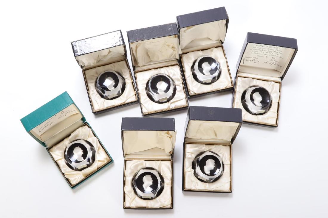 (7) d'ALBRET CRYSTAL F.D. ROOSEVELT PAPERWEIGHTS: 2 1/2 inches. original boxes.