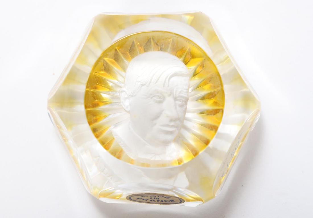 BACCARAT WILL ROGERS SULPHIDE PAPERWEIGHT: With cut yellow glass foot. 2 1/2 inches (diameter). with original box and sticker.