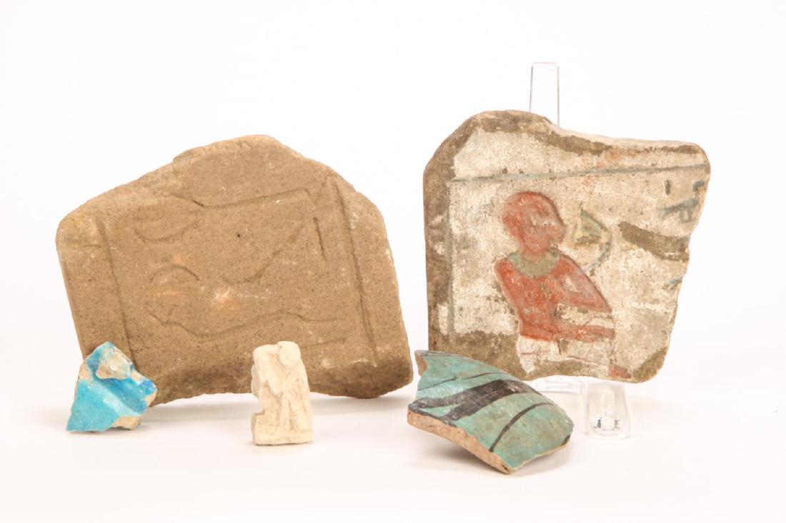 (3) ANCIENT EGYPTIAN HIEROGLYPHIC SHARDS & POTTERY: Incised and painted sandstone. Together with (2) blue glazed stoneware shards. 5 1/2 x 5 inches (and smaller)