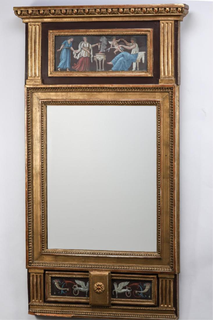 REGENCY HALL MIRROR with POMPEIAN INSPIRED FRIEZES: Egg and dart crest with filleted pilasters, framed mirror with lower tablet with fanciful moldings and carved rosette. Gilt wood and gouache. 43 1/2 x 23 1/2 inches.
