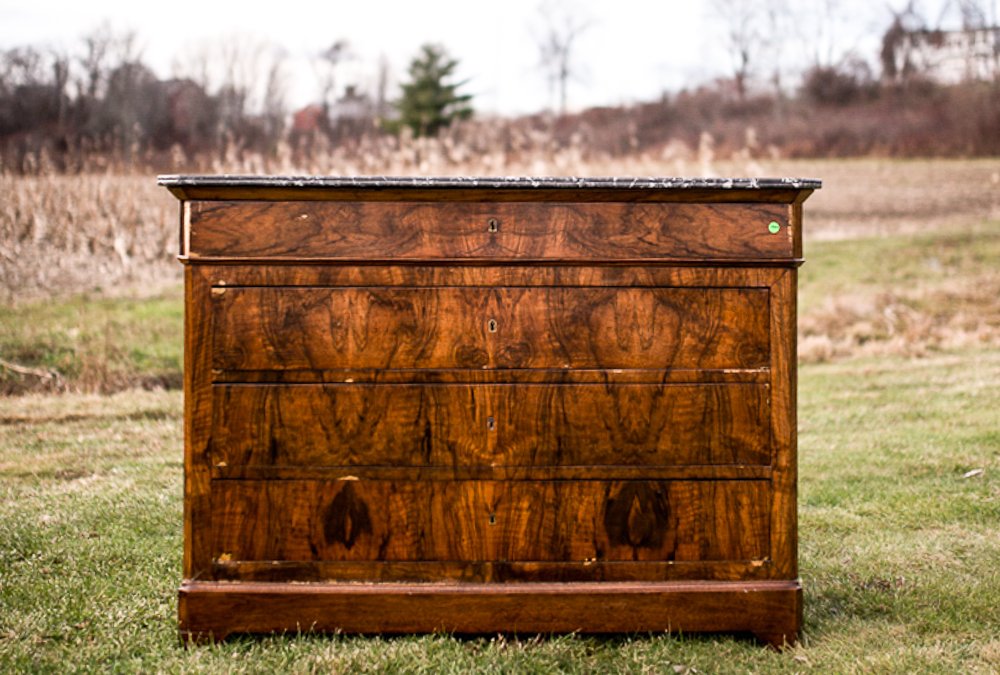 PERIOD BIEDERMEIER MARBLE TOP DRESSER: Wonderful book-match veneer and carefully selected marble top. 37 x 50 1/2 x 23 inches.