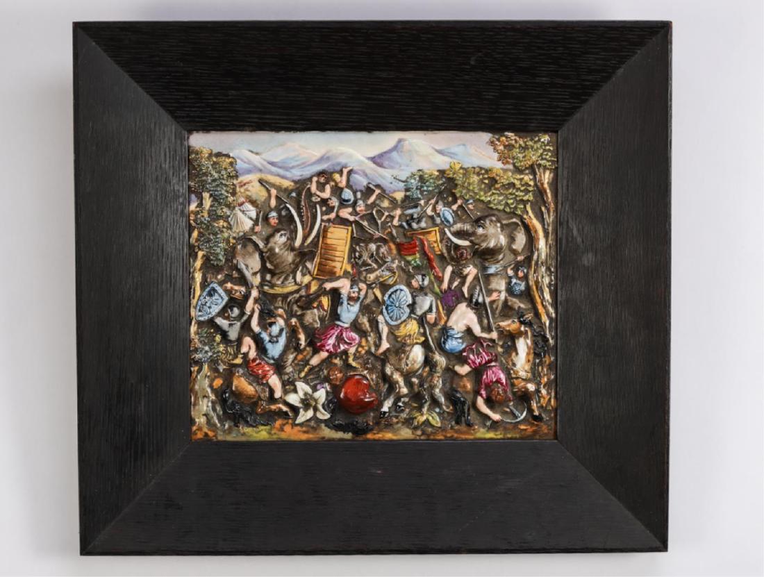 CAPODIMONTE PORCELAIN PLAQUE: "Hannibal Crossing the Alps and in Battle" hand painted porcelain. signed and marked Germany 8 1/2 x 10 inches. framed 14 x 15 1/2 inches (overall)