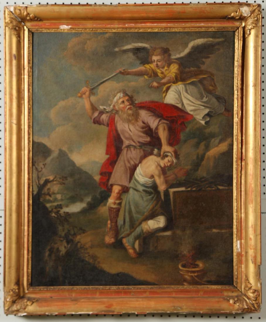 (18th / 19th c) “THE BINDING OF ISAAC": European School, oil on canvas 32 1/2 x 26 inches. unsigned. framed 37 1/2 x 31 inches (overall) Condition: Lined, craquelure, frame is in fair condition