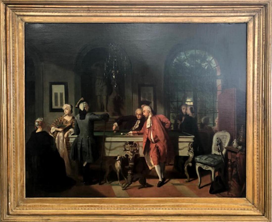 JEAN CAROLUS (1814 - 1897): "La Partie de Billard Sous Louis XV" oil on canvas. signed and dated 1855 29 x 38 inches Condition: Good. *Note: This lot is currently residing in a Florida estate. Must ship from Stuart, Florida.