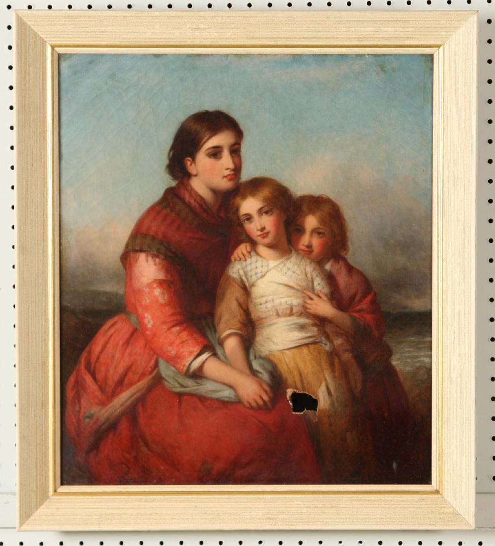 (19th c) “AWAITING FATHER'S RETURN": British School oil on canvas 22 x 19 inches. unsigned. framed. 26 x 23 inches (overall) Condition: Hole / loss to canvas, craquelure