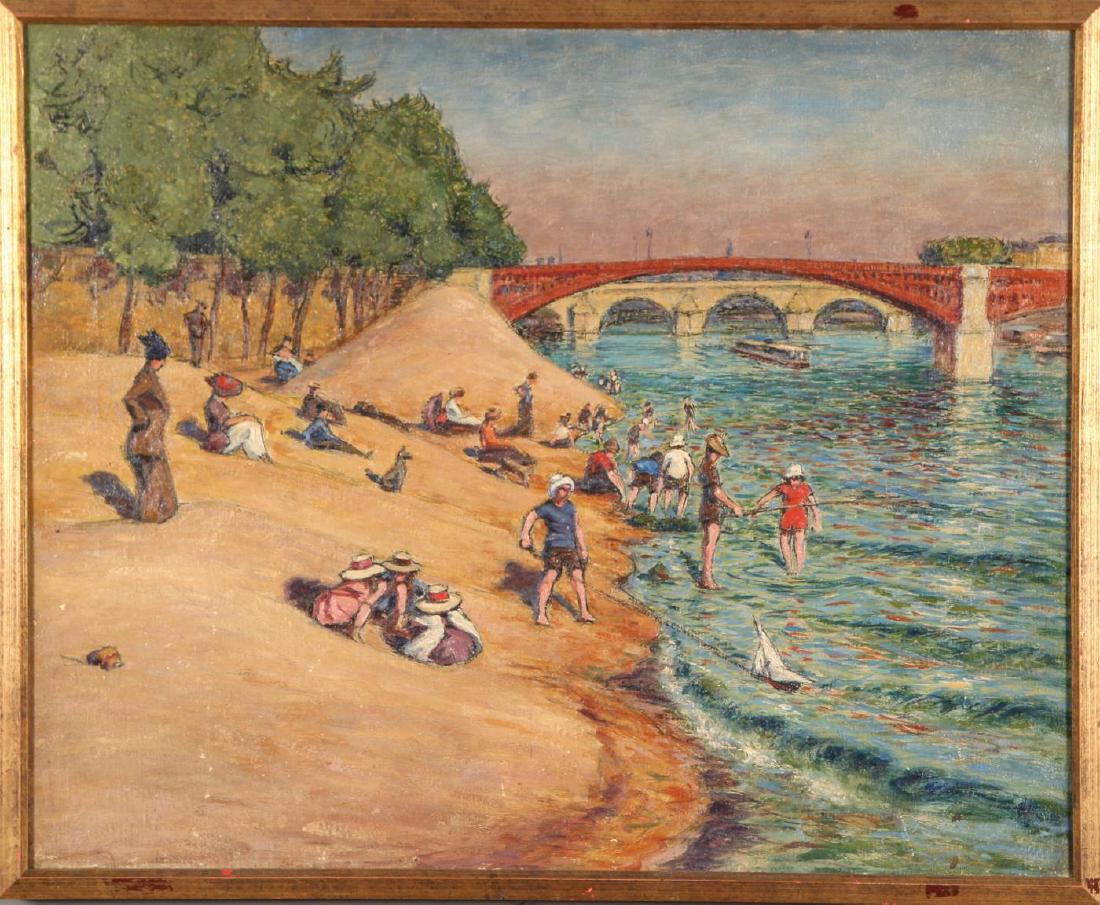(19th/ 20th c) BANK OF THE SEINE IN SUMMER: French School. oil on canvas 26 x 32 inches. signed and inscribed verso "To my dear little friend Navette, all my affection your friend Ziade Ferro ?. framed 27 1/2 x 33 1/2 inches.