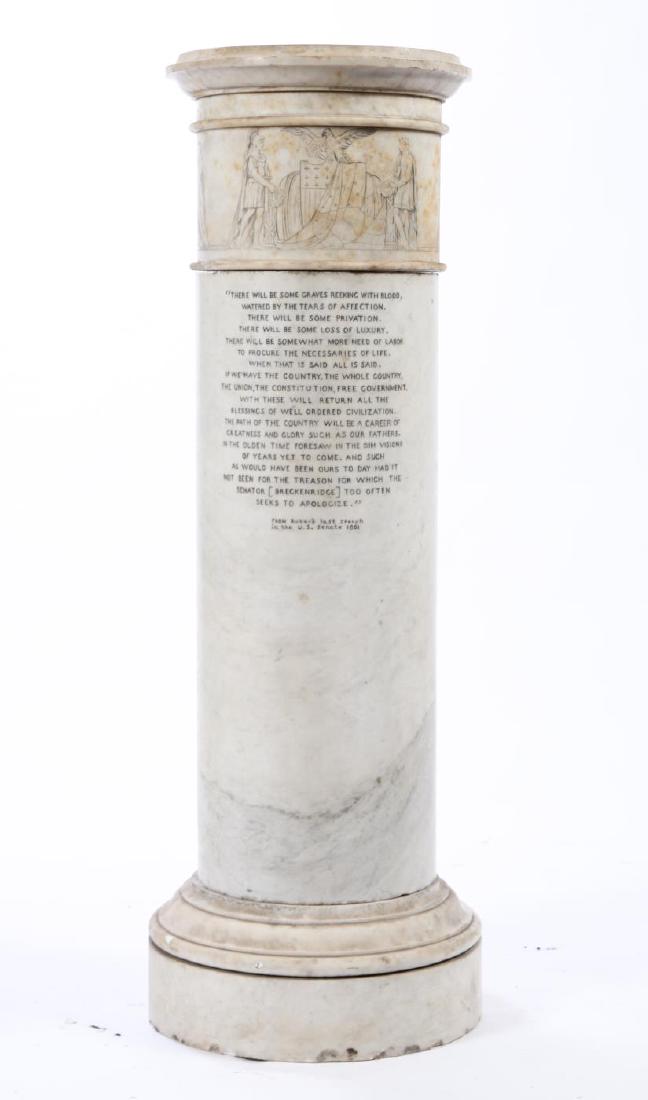PATRIOTIC MARBLE PEDESTAL with ROTATING CAPITAL: Bearing Senator Edward Dickinson Baker's inspirational speech rallying the Senate to support the Civil War just months before his death at Ball's Bluff. (3) Piece Doric-order pedestal with rotating ca