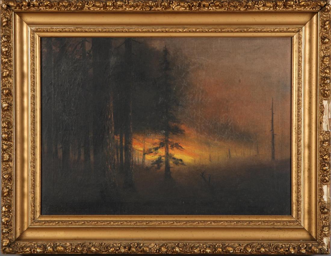 (20th c) “TWILIGHT THROUGH THE WOODS": American School. oil on canvas 20 x 28 inches. signed F. Ferris 1911. framed 27 x 35 inches (overall) Condition: Bloom, surface grime Temp No 5669