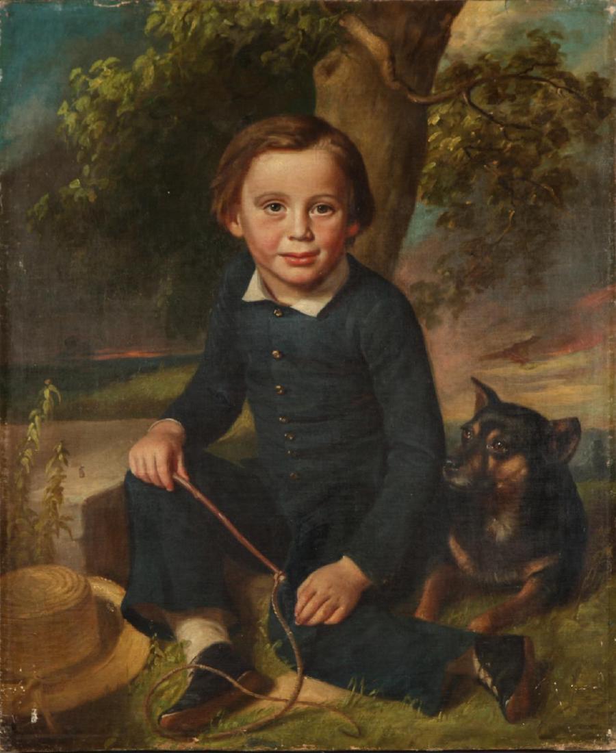 AMERICAN SCHOOL (19th c): "Young Boy and his Dog" oil on canvas. unsigned. 30 x 25 inches. unframed Condition: Lined, repair to pants above left hand. Temp No 5410