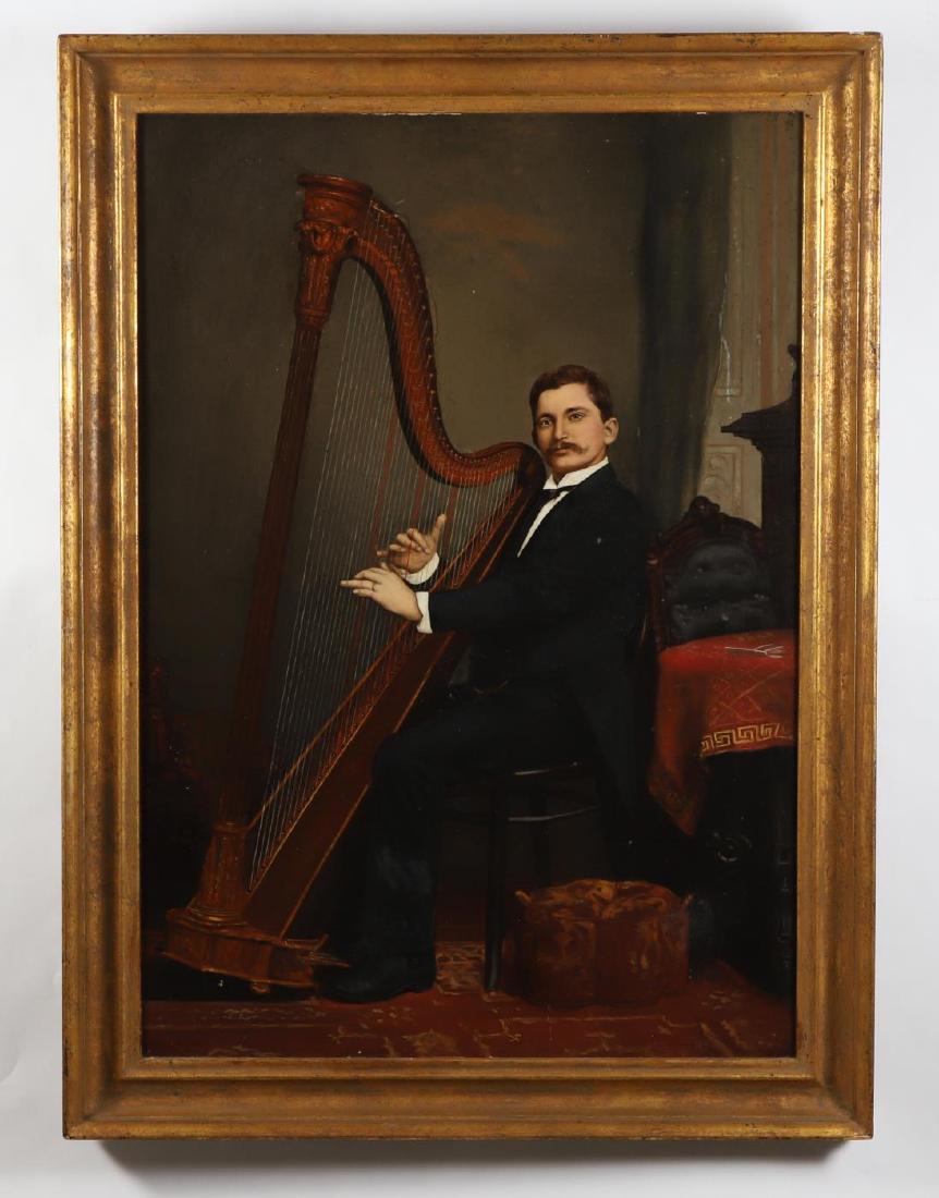 THE HARPEST: American School (19th c) "Victorian Interior with Gentleman at the Harp", oil on canvas 34 x 24 inches. unsigned. framed. 38 1/2 x 24 1/2 inches. Condition: Good,4 inch repair to gentleman's lower leg