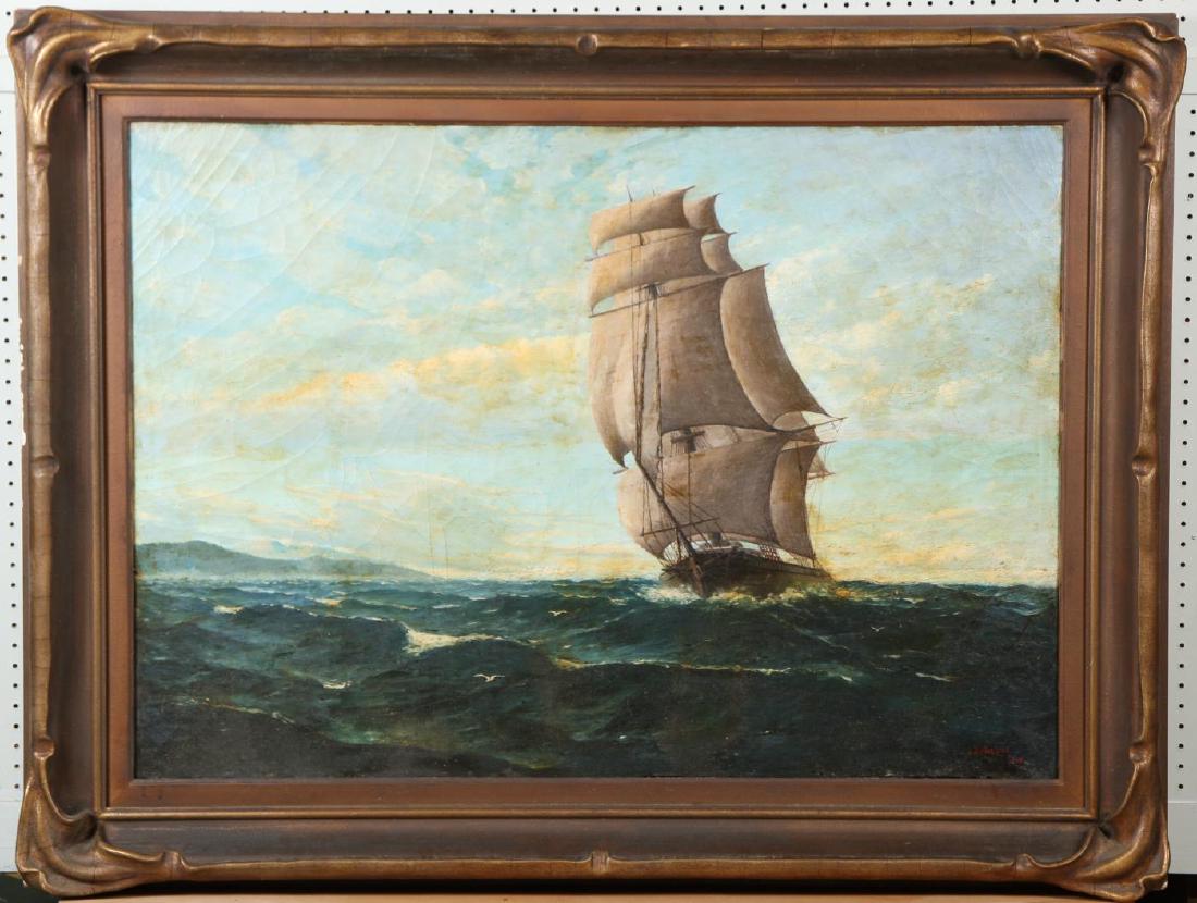 AMERICAN SCHOOL (20th c) “SHIP at SEA”: Oil on canvas 32 x 45 inches. signed J. B. Nielson 1918. framed 42 x 55 inches (overall) Condition: Craquelure varnish discoloration, repair to sea below ship Temp No 5788