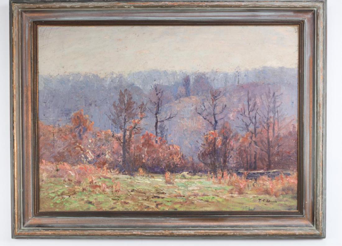 THEODORE CLEMENT STEELE (1847-1926): "Autumn Brown's County" oil on canvas 20 x 28 inches. signed. framed. 26 x 34 inches (overall). Stamped verso. #1044. Condition: Good, varnish discoloration Temp No 6360