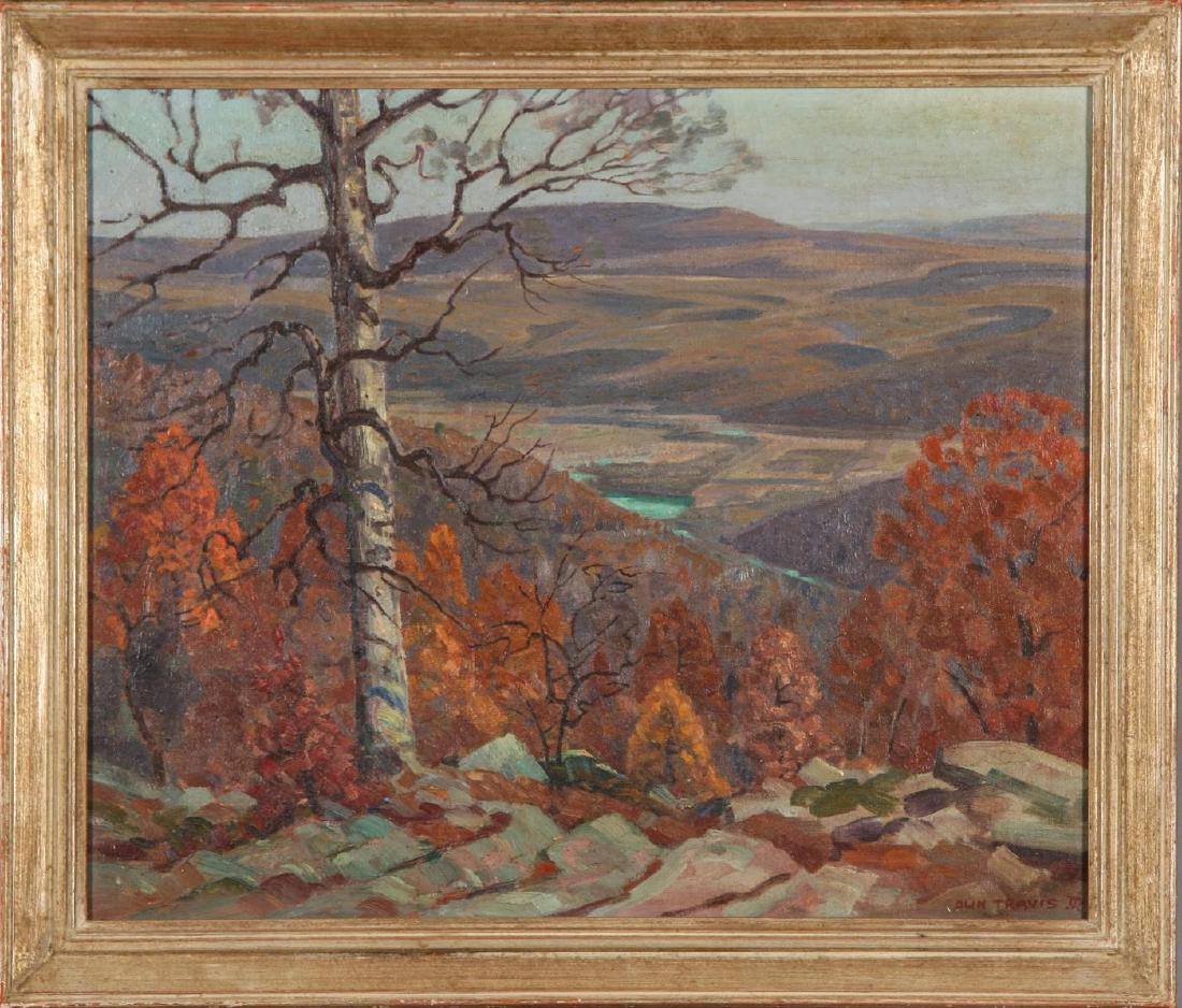 OLIN TRAVIS (1888-1975): “Mulberry Valley Autumn" oil on canvas 20 x 24 inches. signed. framed. 24 x 27 1/2 inches (overall) Condition: Varnish discoloration, craquelure Temp No 5620