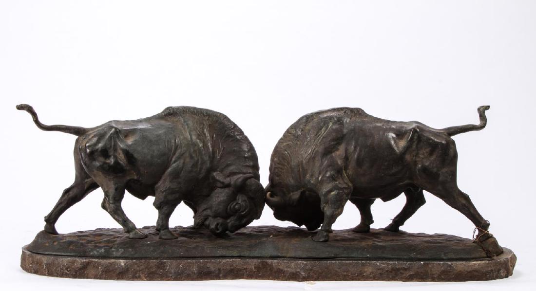 FRANZ IFFLAND (1862-1935): "Fighting Buffalo" bronze, signed. 10 x 29 x 8 inches.