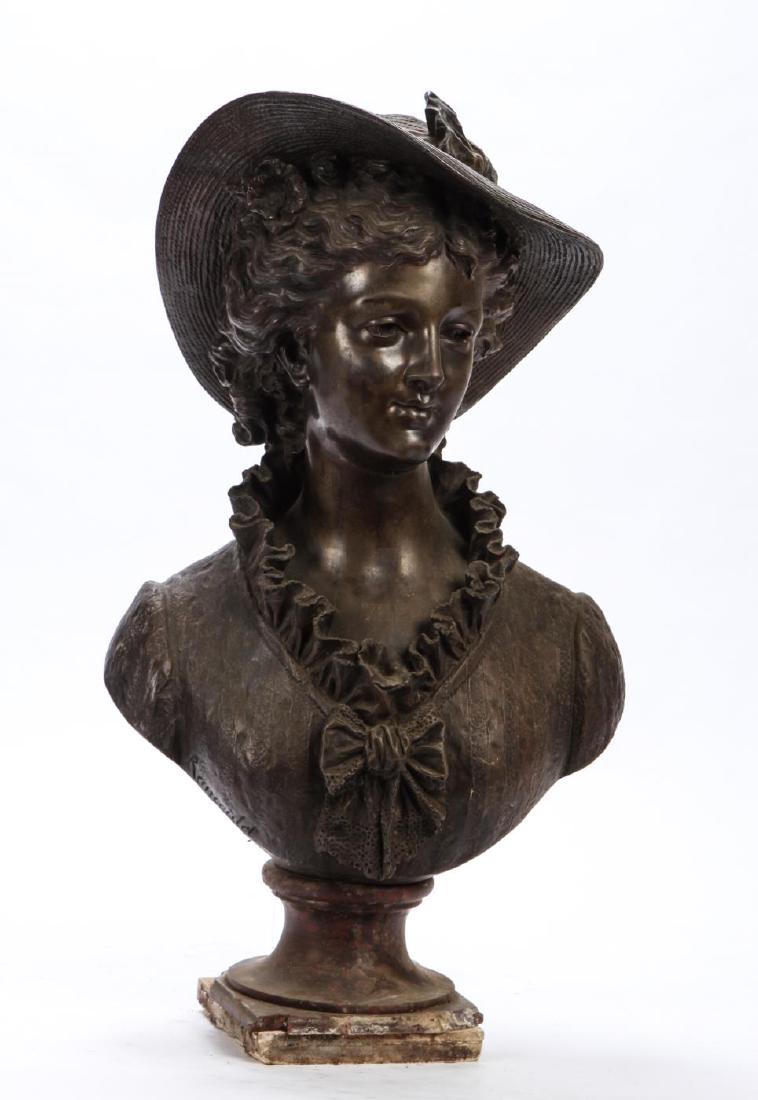 ERNEST RANCOULET (1870-1915): "Bust of a Woman Wearing a Broad Brimmed Hat" bronze. signed and signed foundry. 27 inches (including marble base) Condition: Good, marble base has losses to base. Temp No 5224