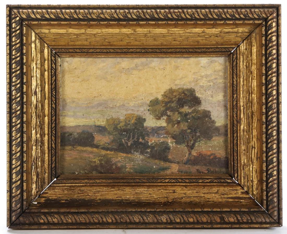 FRANZ STRAHALM (1879-1935): "Texas Landscape" oil on paper board 5 x x7 inches. signed. framed 9 x 10 1/2 inches (overall) Condition: Scattered paint less. surface grime. Temp No 5095