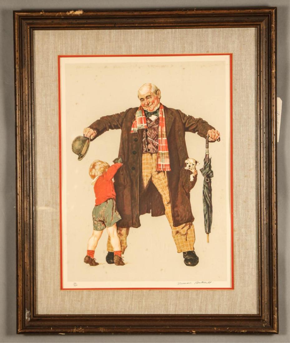 NORMAN ROCKWELL (1894-1978): "Grandpa's Surprise, Puppy in the Pocket, the Gift" lithograph in colors 23 x 17inches (image). signed in pencil artist proof. framed 34 x 27 inches (overall) Condition: Foxing Temp No 5890