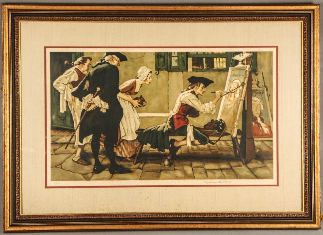 NORMAN ROCKWELL (1894-1978): "The New Tavern Sign" lithograph in colors 18 x 31 inches (image). signed in pencil artist proof. framed 31 1/2 x 44 inches (overall) Condition: Good, foxing Temp No 5885