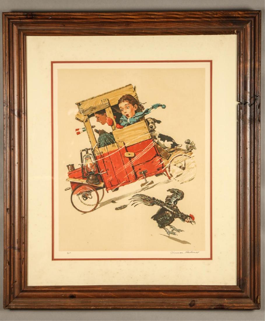 NORMAN ROCKWELL (1894-1978): "Lookout Below" or "Downhill Darling" lithograph in colors 23 3/4 x 18 3/4 inches (image). signed in pencil artist proof. framed 29 1/2 x 28 1/2 inches (overall) Condition: Good Temp No 5884