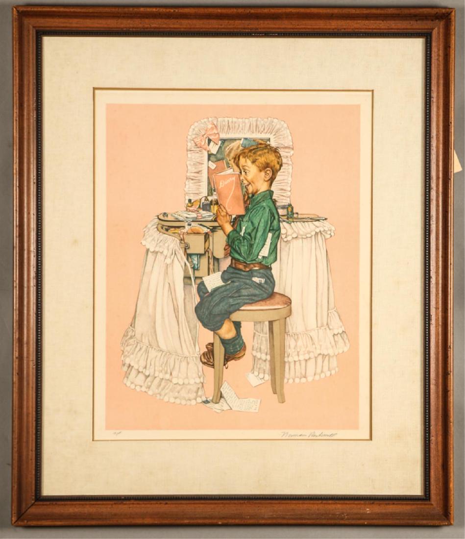 NORMAN ROCKWELL (1894-1978): "Reading Sister's Diary" lithograph in colors 21 3/4 x 17 inches (image). signed in pencil artist proof. framed 34 1/2 x 29 inches (overall) Condition: Foxing Temp No 5888