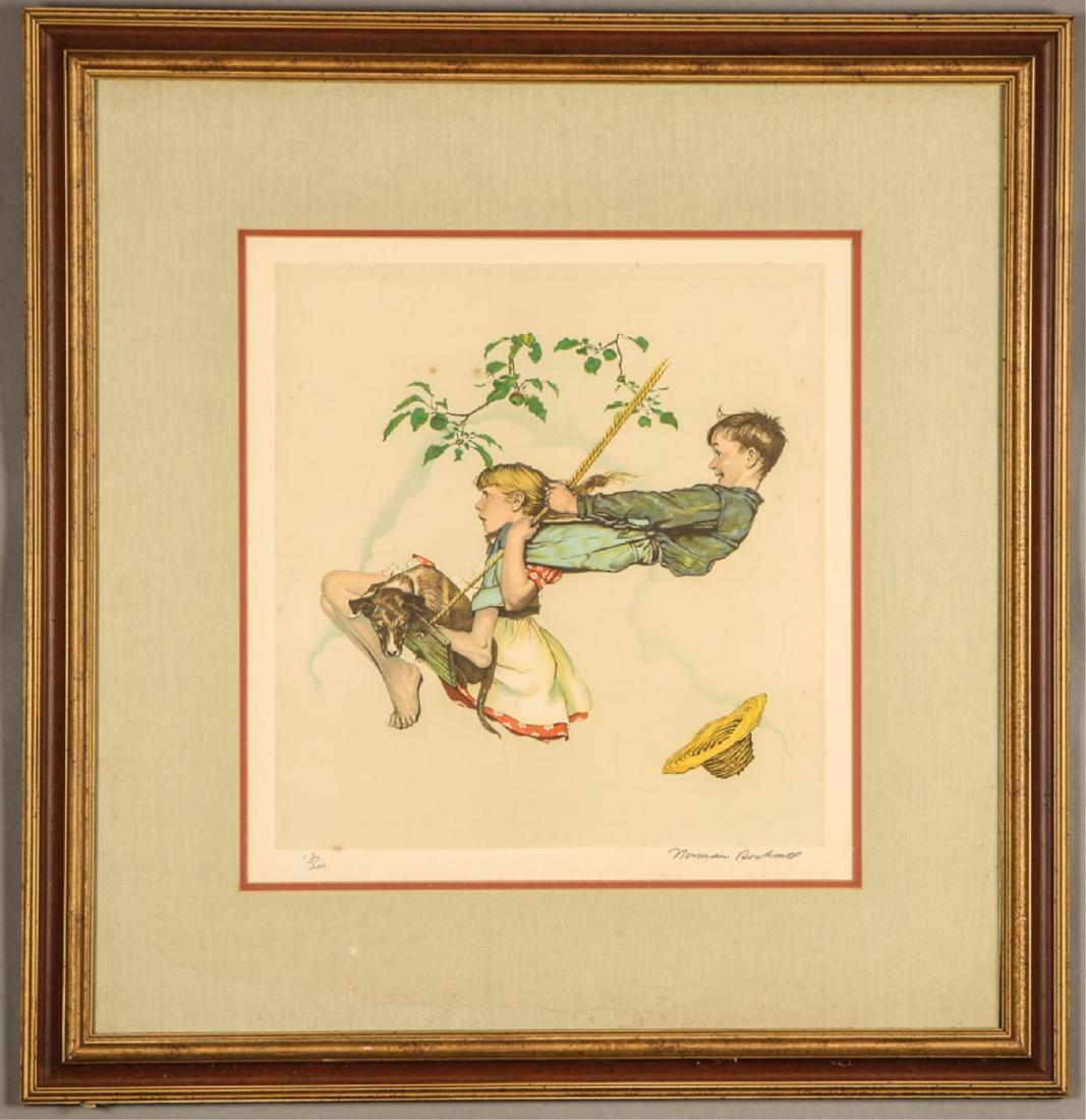 NORMAN ROCKWELL (1894-1978): "Swing" lithograph in colors 15 x 16 inches (image). signed and numbered in pencil 130/200. framed 29 1/2 x 28 1/2 inches (overall) Condition: Good Temp No 5883