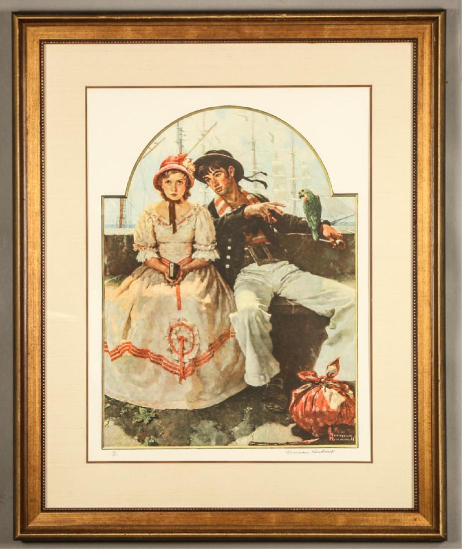 NORMAN ROCKWELL (1894-1978): "Sailor Rowing Woman to Ship" lithograph in colors 25 x 19 inches (image). signed and numbered in pencil 107/200. framed 39 1/2 x x 32 inches (overall) Condition: Good Temp No 5882