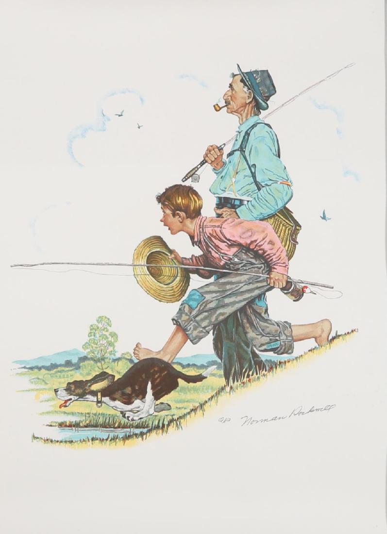NORMAN ROCKWELL (1894-1978): "The Fisherman" lithograph in color. 21 x 28 1/2 inches. signed and numbered artist proof. embossed with Atelier Ettinger Inc. seal. unframed. Condition: Good, never framed, in its original shipping c
