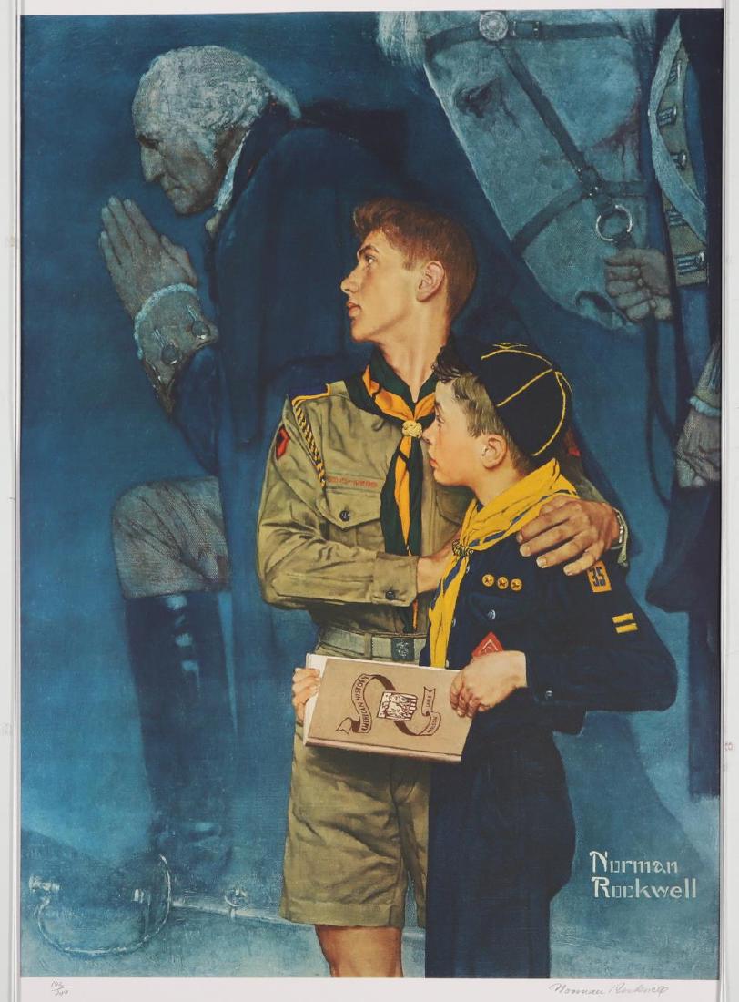 NORMAN ROCKWELL (1894-1978): "Our Heritage" Collotype on BFK Rives paper 25 x 33 3/4 inches. signed and numbered 102/200. embossed with seal of Eleanor Ettinger Inc. unframed. Condition: Good, in its original shipping cylinder ne