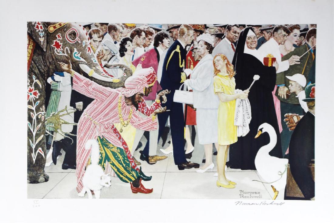 NORMAN ROCKWELL (1894-1978): "Saturday People" lithograph in color. inches. signed and numbered 55/200. embossed seal of creative art. . 24 x 30 inches. unframed. Condition: Good, toning, tear and tape residue to margins Temp No 
