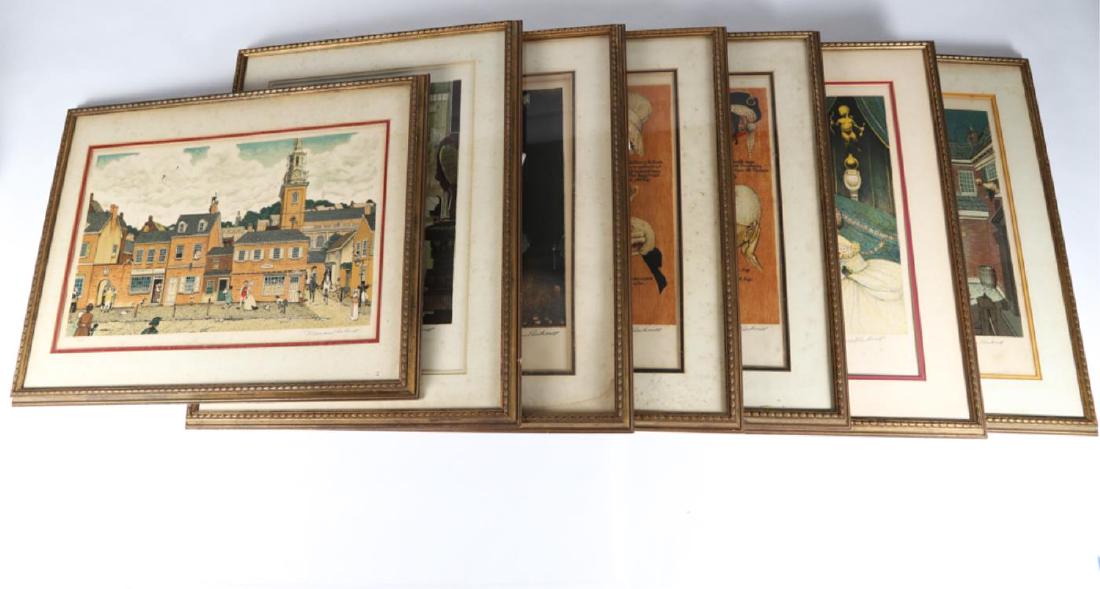 (7) NORMAN ROCKWELL (1894-1978) SIGNED AP: Each with Colonial / Benjamin Franklin Themes. 13 x 21 1/2 inches and 16 1/2 x 13 inches (see photographs). pencil signed. framed 28 x 21 1/2 inches (overall) Condition: Good Temp No 5879