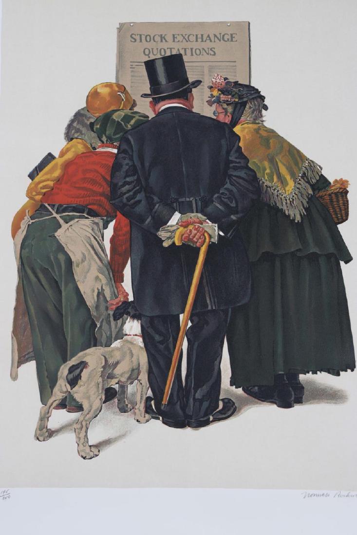 NORMAN ROCKWELL (1894-1978): "Stock Exchange" lithograph in color. 21 x 28 1/2 inches. signed and numbered 195/200. embossed with seal of Eleanor Ettinger Inc. unframed. Condition: Good, original shipping tube and letter Temp No 