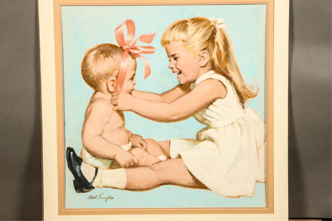 ARTHUR SARNOFF (1912-2000): "Playing with Little Brother" casein 22 x 21 1/2 inches. signed. matted. 26 x 26 inches (overall) Condition: Good Temp No 5756
