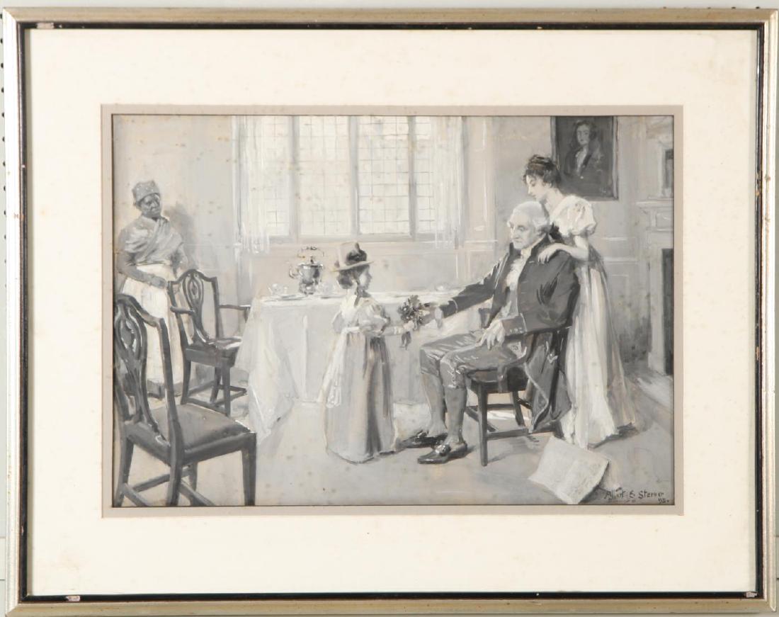 ALBERT STERNER (1863-1946): "A Genre Scene with George Washington" gouache signed and dated 1898. 16 x 23 inches. framed 24 1/2 x 31 1/2 inches. Condition: Good, foxing inside of glass but does not appear to be on artwork Temp N