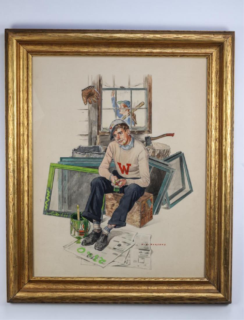 PHILLIP BROWN PARSONS (1895-1977): "Missing the Baseball Game" gouache 25 x 19 inches. signed. framed 31 x 25 inches (overall) Condition: Good Temp No 6361
