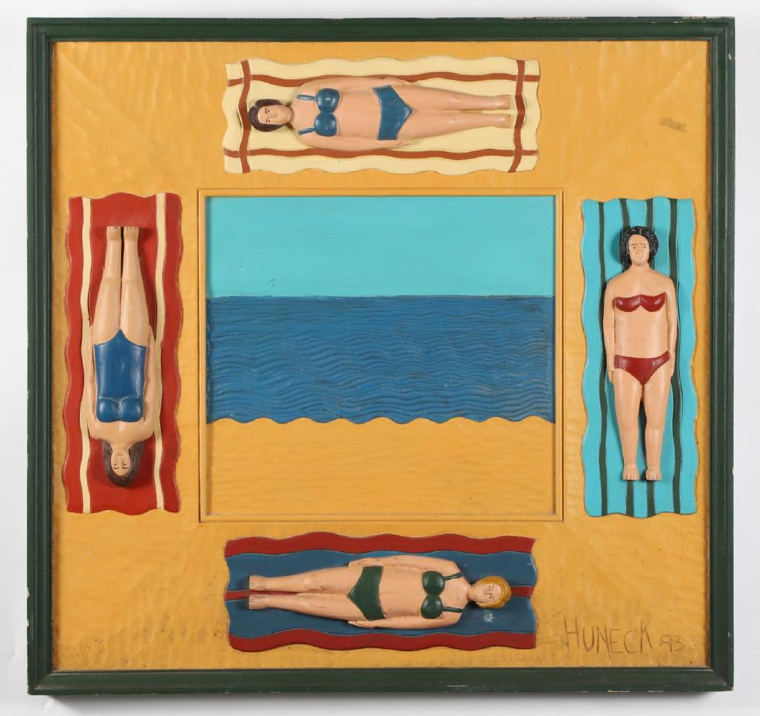 STEPHEN HUNECK (1948-2010): "Sunbathers" carved and painted wood. signed and date ’93, 23 x 24 1/2 inches (overall) Condition: Good Temp No 6243