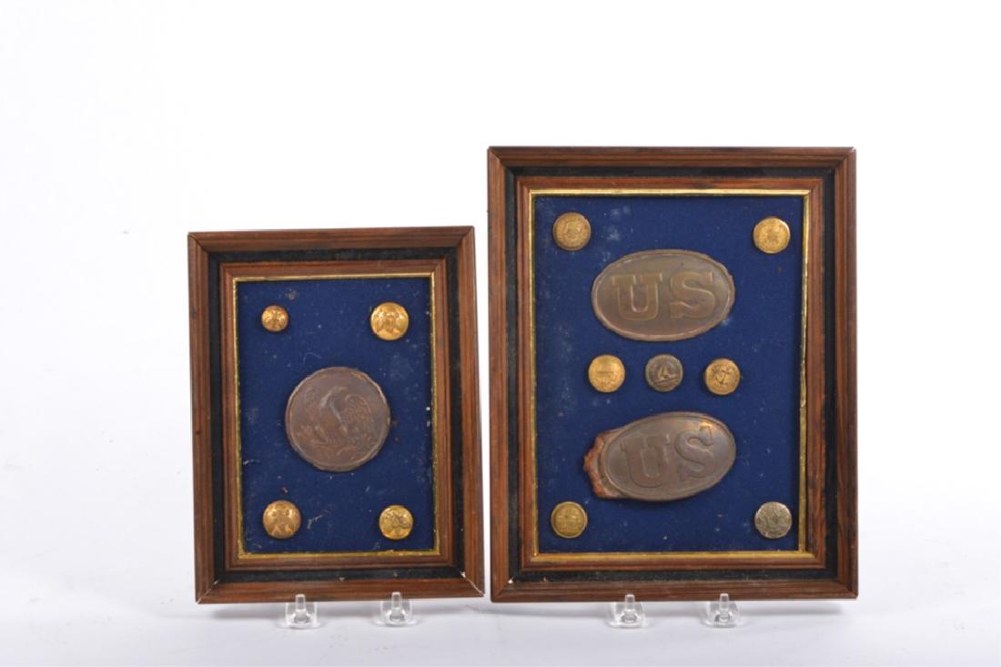 COLLECTION OF CIVIL WAR BUTTONS & BELTPLATES: (14) Including: Eagle Cross belt Shield, Federal Officer, Infantry, Artillery and Cavalry. Cartridge Box Plate found as Chancellorsville, Belt plate from Wilderness, Militia Staff (extra quality), Mil