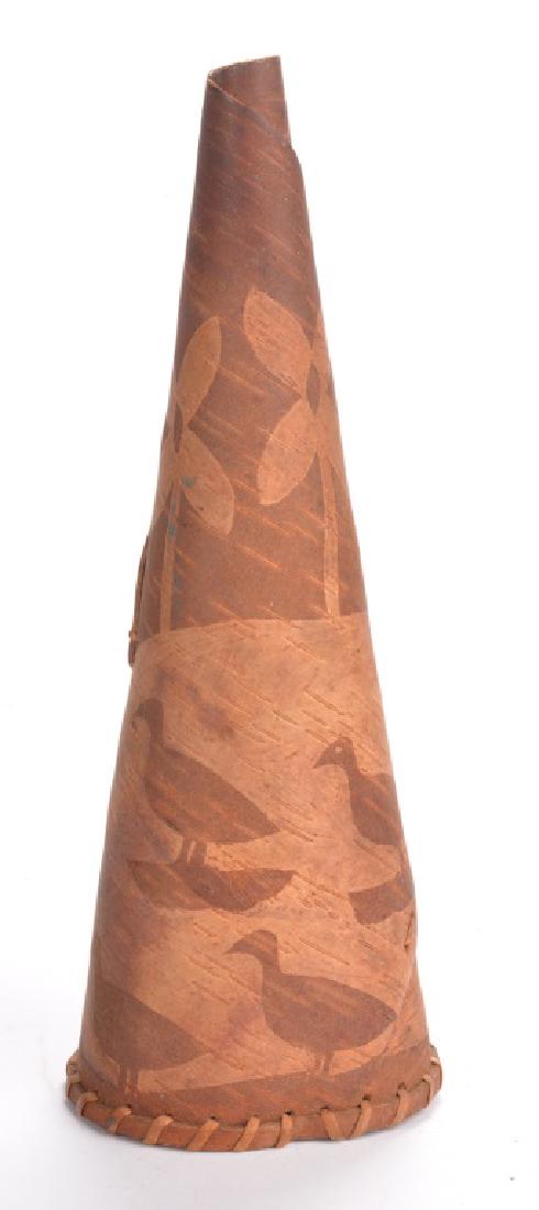 BIRCH BARK MEGAPHONE: Two tone decorated, 18 inches h