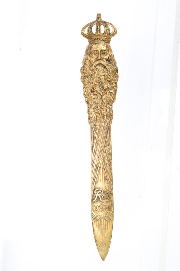 1910 KING REX MARDI GRAS NEW ORLEANS LETTER OPENER: Gilt bronze. otherwise unmarked. 10 inches.