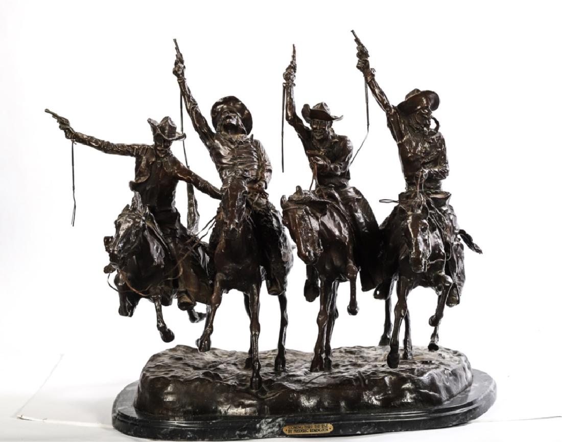 AFTER FREDERIC REMINGTON (1861-1919) BRONZE: "Coming Through the Rye" bronze. signed. 28 x 28 x 27 inches.