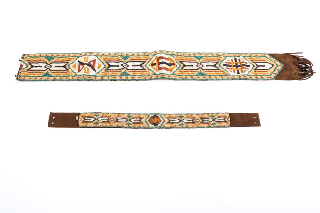 SCHOOLGIRL NATIVE AMERICAN INDIAN STYLE BEAD WORK: Beaded stoll (sic) and headband backed with leather . 30 and 20 inches. Note: by Alice Jackson of Quincy, MA. Label describes history and background of the pieces.
