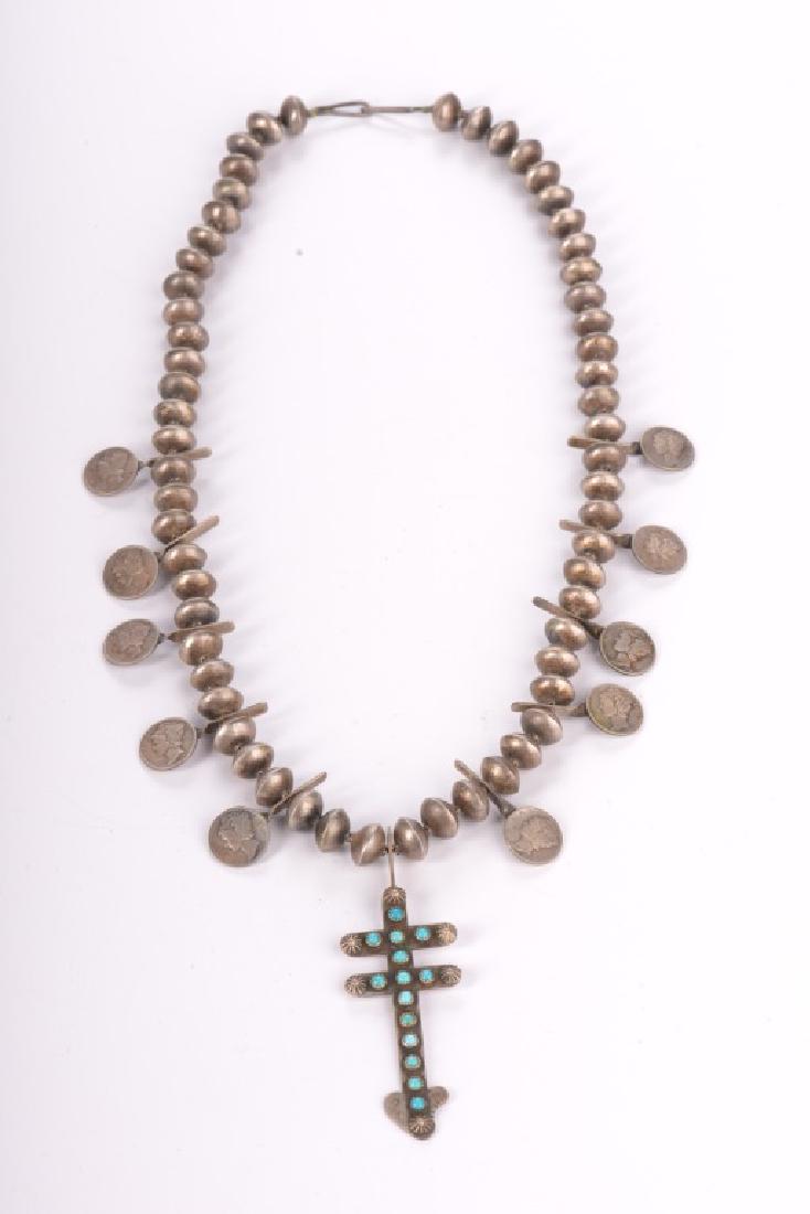 NAVAJO TURQUOISE MERCURY DIME COIN NECKLACE: With turquoise mounted cross pennant stamped verso "J. R. F."