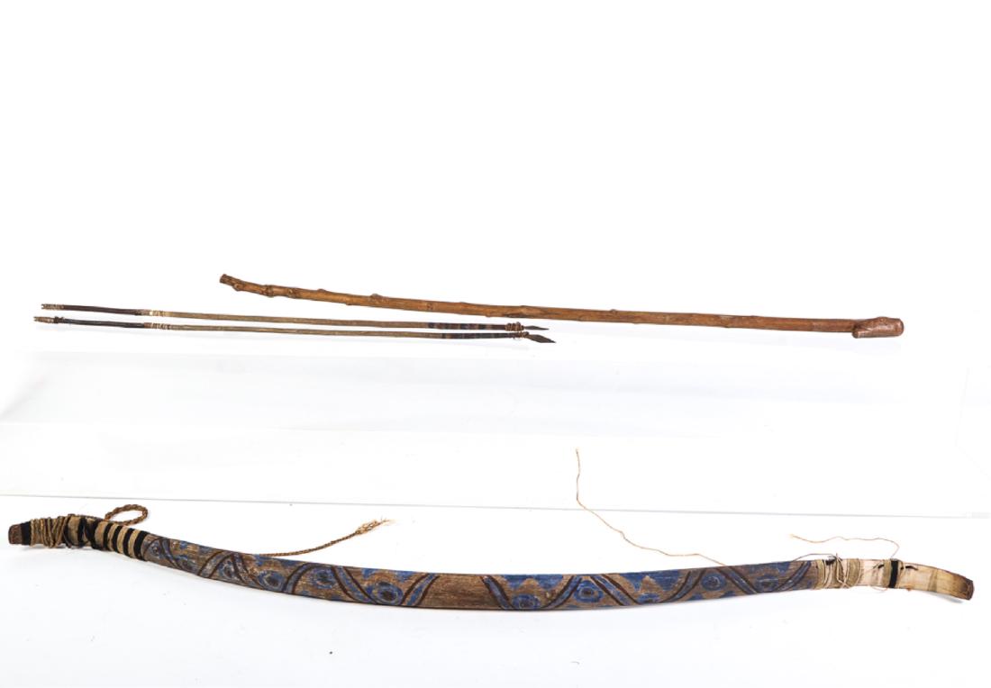 PAINTED RECURVE BOW AND ARROWS TOGETHER w/ CANE: 41 inches.