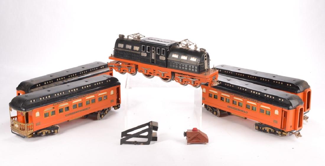 LIONEL THREE GAUGE IVES RAILWAY TRAIN SET: Locomotive, club car, Pullman, dining car, and observation car