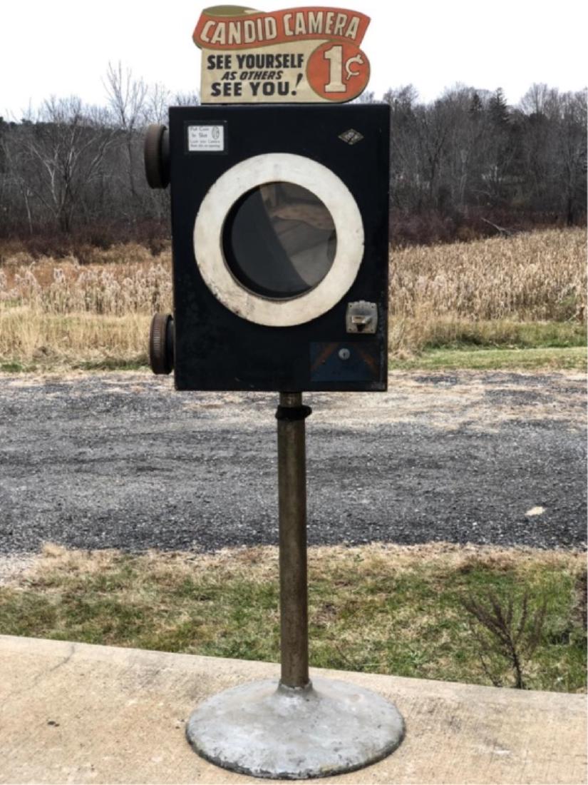 ESCO "CANDID CAMERA" PENNY ARCADE GAME: "See yourself as others see you!" Originally used in the Fun-O-Rama arcade, York Beach Maine. Put in a penny and watch the mirror distort your face. 75 1/2" x 22 1/2" x 20