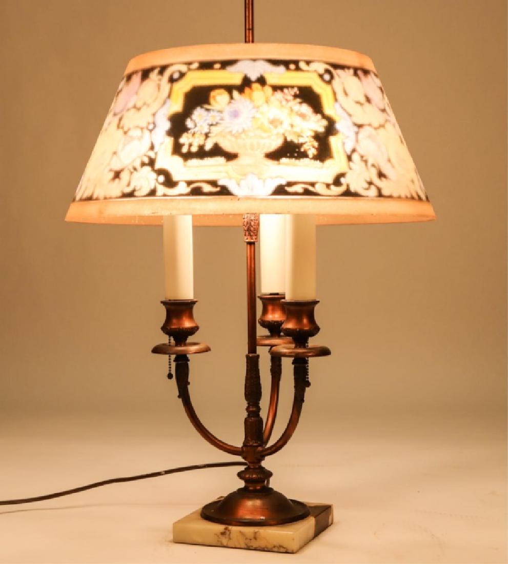 BRONZE (3) LIGHT PAIRPOINT TABLE LAMP: Adjustable shade height, each light has its own switch. Stand cast with a variety of acanthus leaves. Floral reverse painted shade unmarked. 27 inches (to top of finial). 16 inch shade tapers to 10 1/