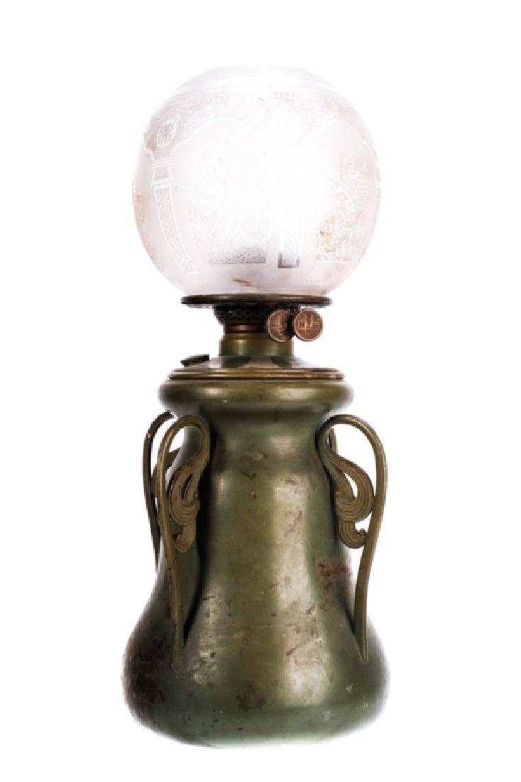 ART NOUVEAU BRASS TABLE LAMP with DUPLEX BURNER: (4) Stylized floral handles adorn a squash-form font. 6 1/2 inch shade etched with Moorish arcade and alternating flora and fauna. painted brass 19 1/2 inch