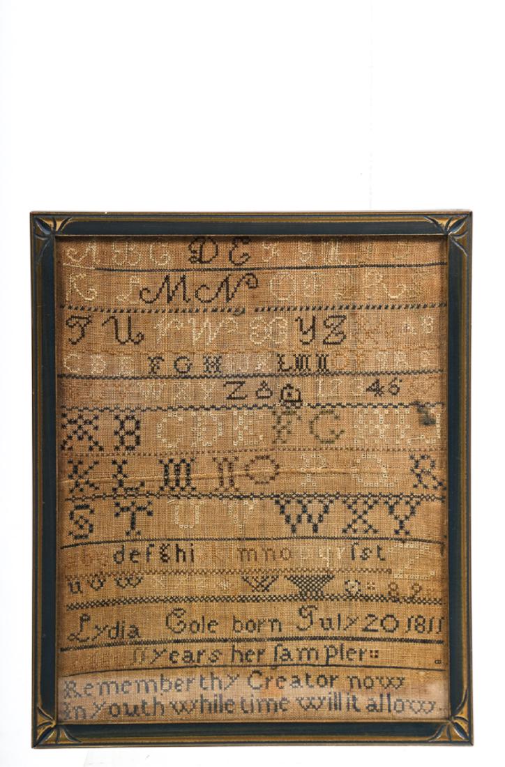 (19th c) LYDIA COLE SAMPLER: Alpha-numeric sampler by Lydia Cole born July 20, 1811 age 11. "Remember thy Creator now In Youth while time will it allow" 17 x 14 inches. framed.