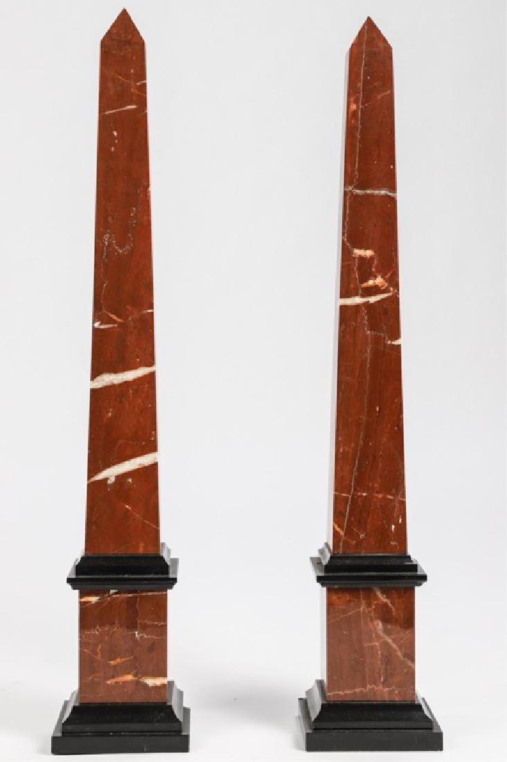 PAIR OF FRENCH RED AND BLACK MARBLE OBELISKS: Beautifully selected white graining. 9 inches.